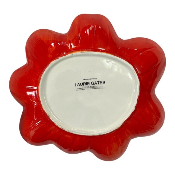 Early 2000s Laurie Gates Ceramic Flower Bowl Red Orange – Sculpted Petal Design - Picture 2 of 3